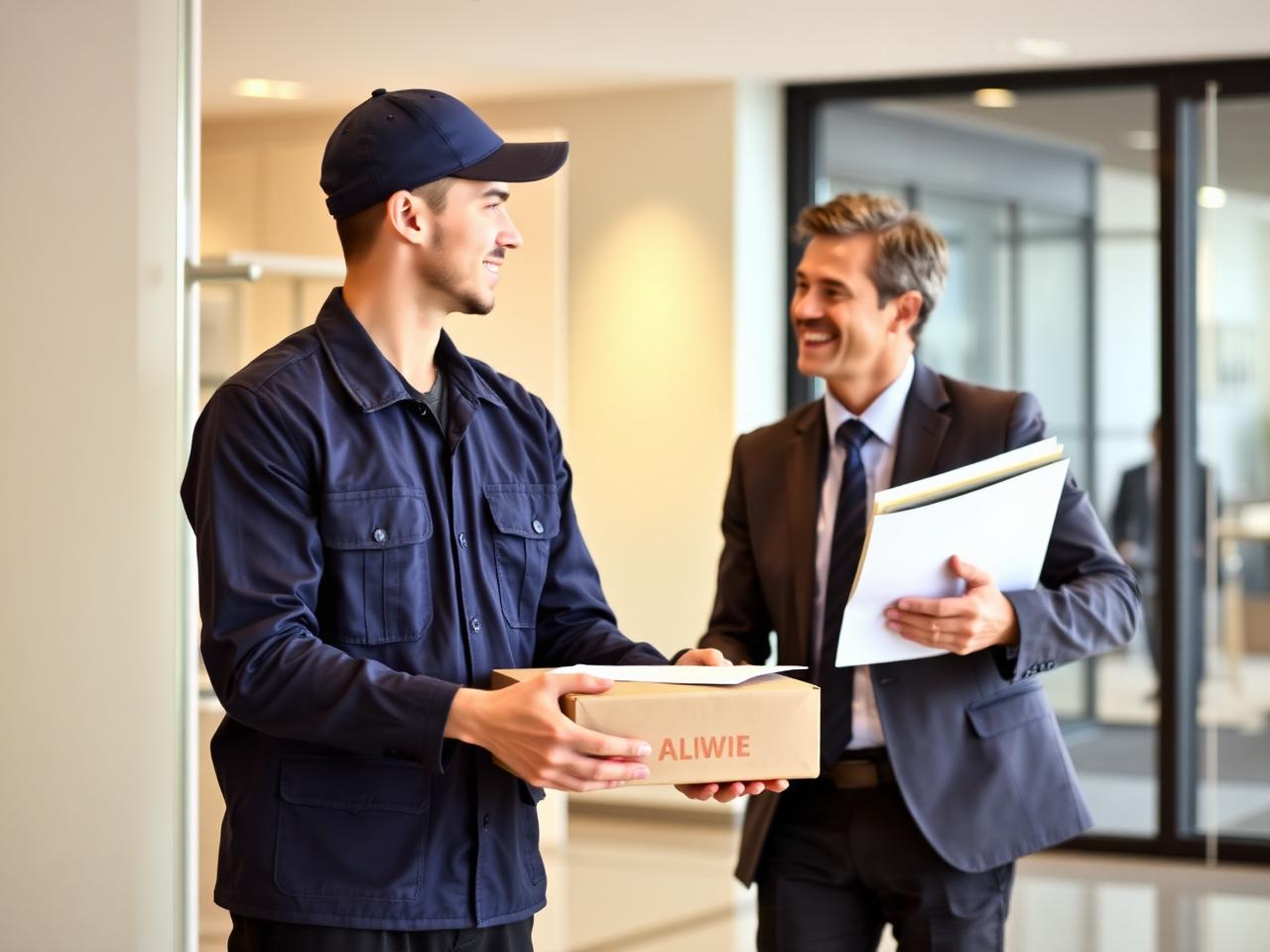Mensajero entregando paquete a cliente empresarial